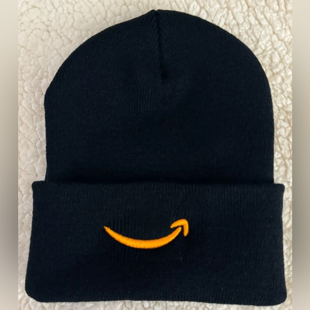 NEW Amazon Embroidered 12” Knit Beanie - Black / Orange
